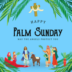 宗教节日棕榈星期日复活节前, 庆祝耶稣进入耶路撒冷, 快乐的人与 palmtree 叶矢量插图, 人骑驴, 家庭问候基督