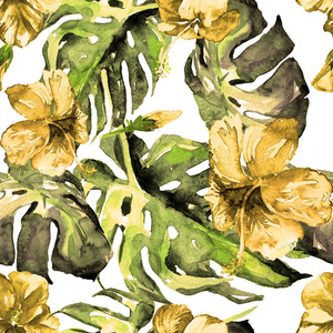 水彩无缝图案。手绘的热带树叶和花朵插图。热带夏季主题芙蓉图案