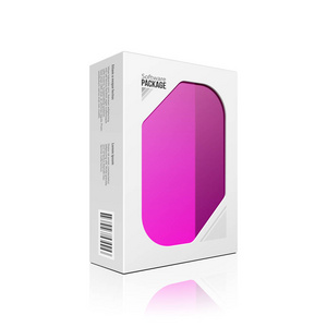 现代软件产品包装盒, 带有粉红色紫红色紫色的洋红窗口, 用于 Dvd 或 Cd 盘。样机3d 插图在白色背景隔离。为您的设计做好