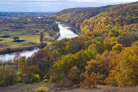 河流和森林在秋天。10月. 乌克兰