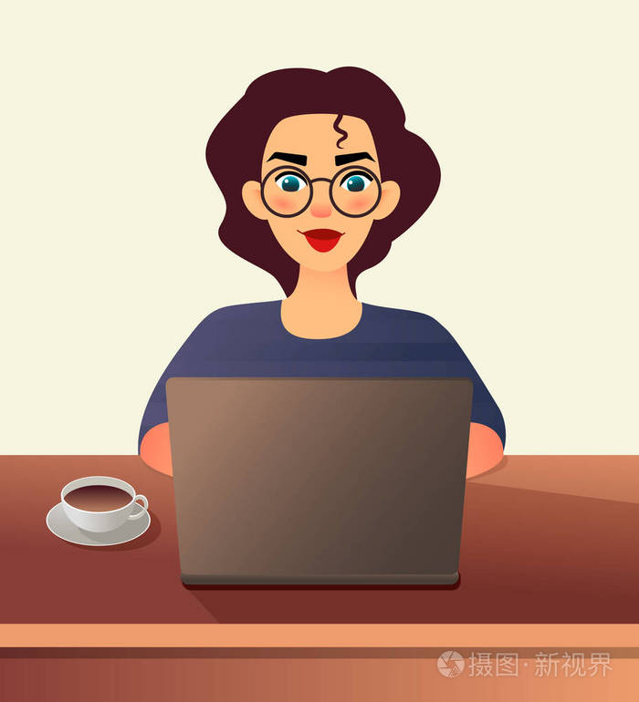 卡通平面女孩工作在线或学习和学习 而使用笔记本电脑.