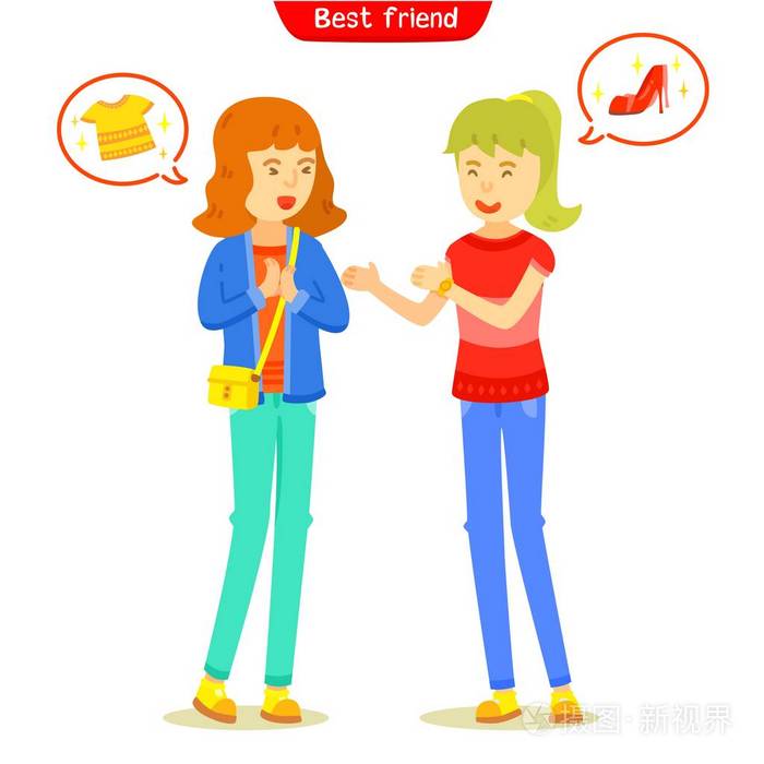 购物女朋友见面,友好地交谈,熟悉他们的问候,两个性格女孩带着聊天盒