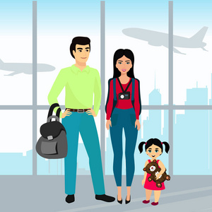 向量例证旅行家庭与行李在机场大厦。父亲母亲和女儿在卡通平面上一起旅行