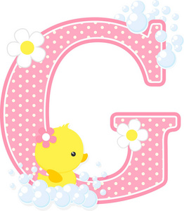 初始g与气泡和可爱的橡胶鸭隔离在白色。可用于女婴出生公告托儿所装饰派对主题或生日邀请。女婴设计