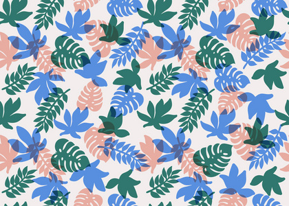 无缝的热带图案。热带植物和棕榈叶, 珊瑚, 蓝绿色和蓝色。花卉背景。纺织品, 织物, 封面, 墙纸, 印刷, 礼品包装的时装印刷