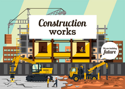 关于建筑工地主题的矢量插图。建筑在城市的背景下。建筑起重机, 挖掘机钻探沥青, 卡车, 工人。平面样式