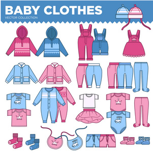 小男孩和女孩收藏的婴儿衣服。 温暖的毛衣，可爱的工作服，时尚的服装，方便爬虫和休闲裤，孤立的卡通矢量插图在白色背景。