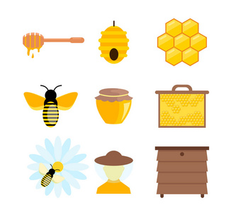 彩色图片和蜂蜜元素的矢量插图, 其他蜜蜂的象征。纯卡通风格的蜜蜂与甜黄色蜂蜜