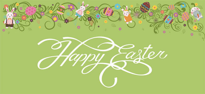 横幅题字, 手写, 书法, 排版快乐复活节兔子白色背景