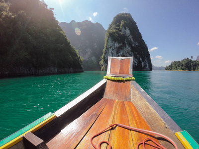 热带泰国丛林湖 Cheo 兰木舟, 野山自然国家公园船游艇石