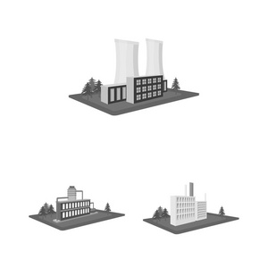工厂和工厂的单色图标集设计。生产和企业向量等距符号库存 web 插图