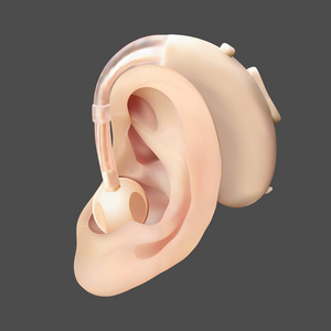 耳朵后面的助听器, 在声波图的背景下。耳鼻咽喉听觉丧失的治疗和修复。现实的向量例证。医药卫生