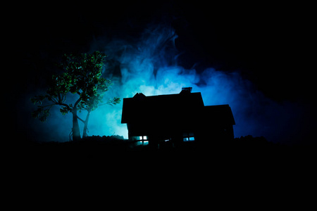 晚上在森林里有鬼魂的老房子, 或者在大雾中遗弃了闹鬼的恐怖屋。老神秘建筑在死树森林。树在晚上与月亮。超现实主义灯