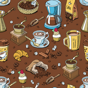 咖啡集 coffeebeans 和 coffeecup 矢量饮料热咖啡或卡布奇诺在咖啡店和咖啡杯与在酒吧插图无缝模式背景