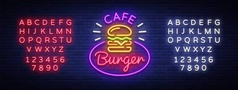 汉堡咖啡馆霓虹招牌。快餐汉堡包三明治霓虹灯徽标, 明亮的旗帜, 设计模板, 夜间霓虹灯广告餐厅, 街头食品。矢量插图。编辑文本霓