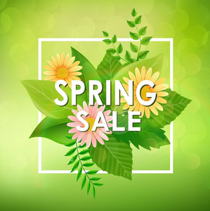 春季销售背景横幅矢量插图，有美丽的彩色花朵和绿叶。
