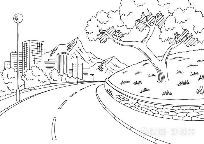 街道道路图形黑白城市山体景观素描插图