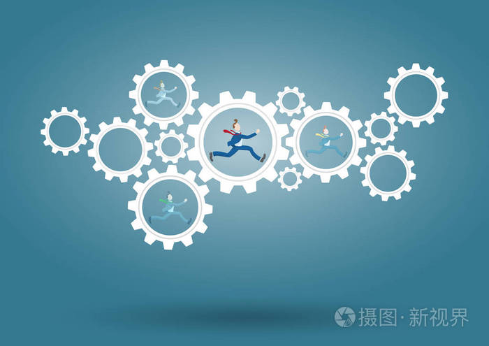 商人在里面运行接触齿轮齿轮齿轮显示团队合作沟通业务问题协作解决