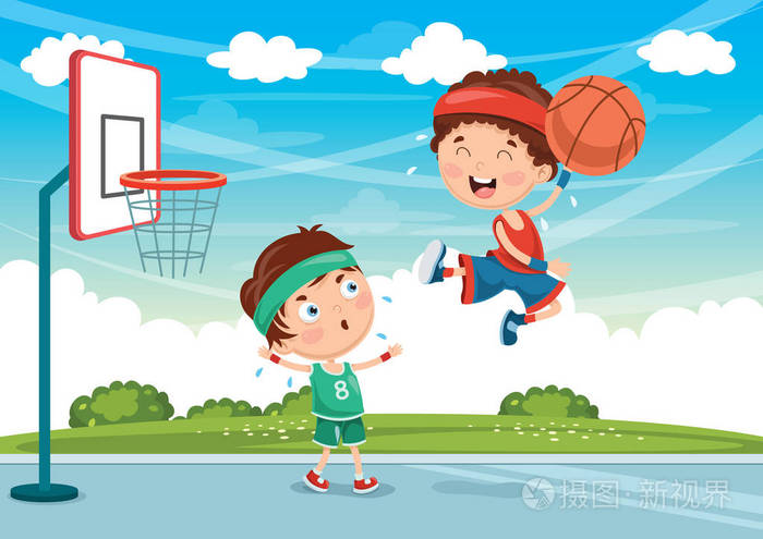 孩子们打篮球的矢量插图