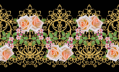 花环束精致的橙色玫瑰，鲜艳的粉红色花朵。 无缝图案。 金色纹理卷发。 东方风格的阿拉伯。 漂亮的花边。 开放式编织细腻。