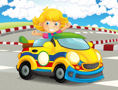 卡通，有趣，快乐，看着孩子女孩在赛车上的赛道插图儿童