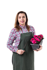 妇女专业园丁或花店在围裙捧花在花盆和园艺工具在白色背景下隔离