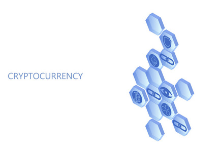 Blockchain 蓝色等距组合物。平面发光六角标志安全盾比特币虚灵议会波纹 cryptocurrency 在线全球3d 支付