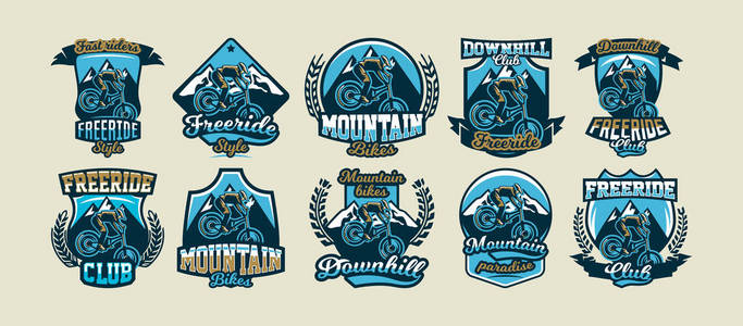 收集五颜六色的徽标, 标志, 贴纸骑手表演在山地自行车上的山上的背景, 孤立的矢量插图。俱乐部下坡, 随心所欲。在 t恤衫上打印