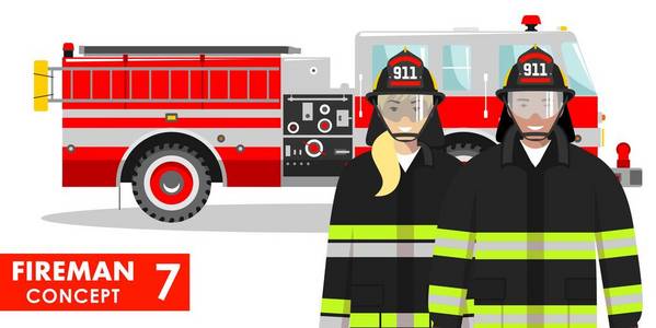 消防员的概念。详细说明消防员和 firewoman 在白色背景的平式消防车附近的统一站在一起。矢量插图