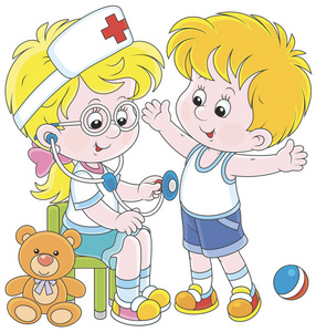 小孩子玩医生和病人。 卡通风格的矢量插图一个友好的微笑女孩与玩具听诊器听一个男孩的肚子