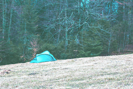 在山上森林的田野上的帐篷