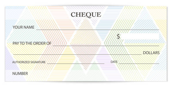 支票支票支票簿模板。 带有抽象水印的Guilloche图案。 背景纸币设计货币凭证礼品券优惠券