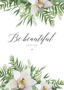 矢量贺卡明信片海报设计用白兰花花绿叶桉树枝热带森林棕榈绿叶框。典雅水彩样式模板与拷贝空间