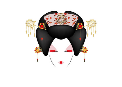 日本或亚洲女孩的艺伎肖像, 传统风格的日本发型, madama 蝴蝶娃娃, 中国或日本文化, 时尚京剧娃娃, 矢量插图隔离