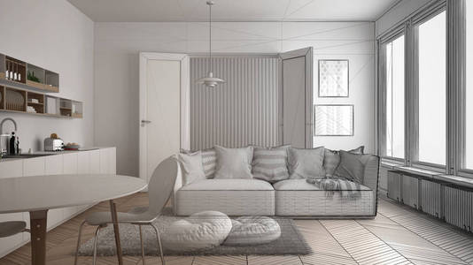 斯堪的纳维亚现代客厅的未完成的项目与厨房, 餐桌, 沙发和地毯的枕头, 简约的白色建筑室内设计