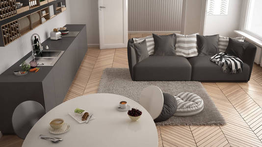 健康甜早餐在现代斯堪的纳维亚厨房客厅, 沙发和大窗口, 顶部视图, 白色和灰色建筑室内设计