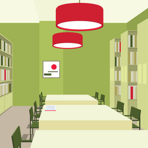 图书馆内部有桌子, 椅子, 书柜, 灯光。透视视图。空的空间。阅读室插图。绿色基地和明亮的红色 accetns。设计场景。平方组