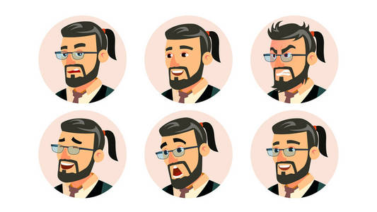 老板角色人物商业人物头像矢量。现代办公室胡子老板人的面孔, 情感设置。符.卡通漫画插画
