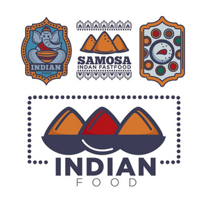 印度食品包装或咖啡馆和美食餐厅标志模板。 矢量孤立图标大象与盘子大米和咖喱香料与萨莫萨为印度传统快餐酒吧设计
