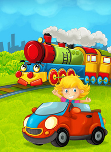 卡通有趣，看着蒸汽火车穿过城市，孩子在玩具车前驾驶，为孩子们提供插图