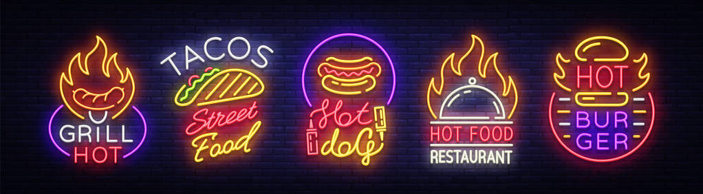 设定快餐标识。收集霓虹灯标牌, 街头食品热烧烤, 玉米卷, 热狗, 汉堡咖啡馆, 餐厅。设计元素为食品, 霓虹灯横幅, 明亮的霓