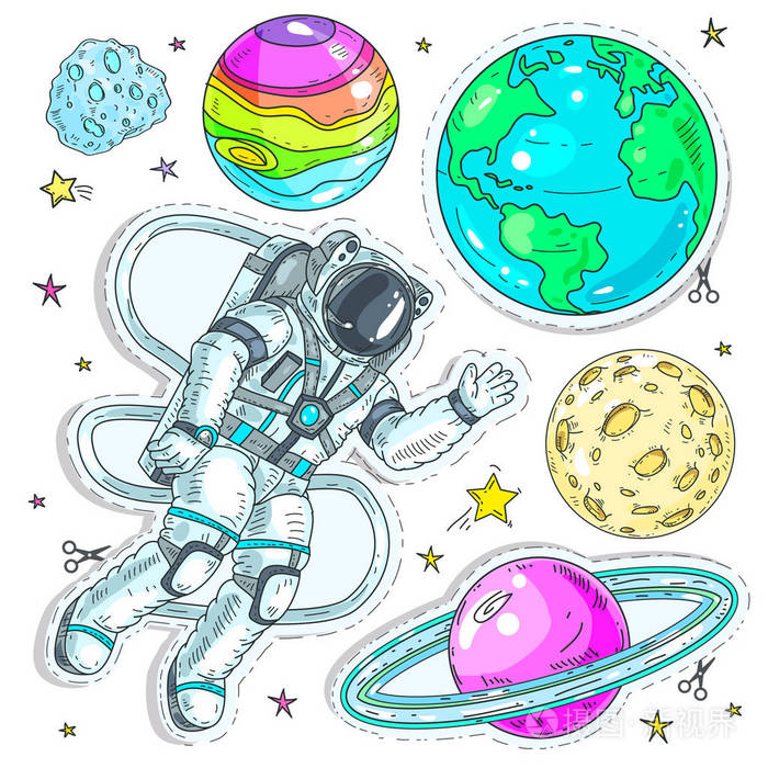 矢量插画漫画风格多彩的图标, 贴纸宇航员航天员在被行星包围的太空中