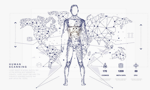 连接人和机器人设备的创新系统。 未来的技术，在自动机，半机器系统和计算机工业从可怕的互联网发展。 线形象形文字的几何样式