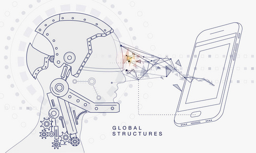 连接人和机器人设备的创新系统。 未来的技术，在自动机，半机器系统和计算机工业从可怕的互联网发展。 线形象形文字的几何样式