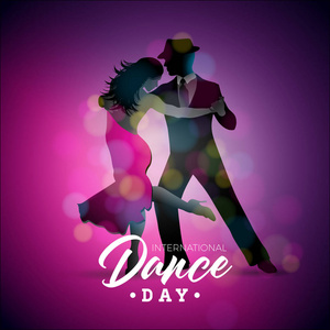 国际舞蹈日矢量插图与探戈舞夫妇在紫色背景。横幅传单请柬小册子海报或贺卡的设计模板