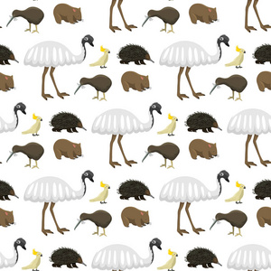 澳大利亚野生动物卡通流行自然人物扁平型哺乳动物无缝模式背景向量插图