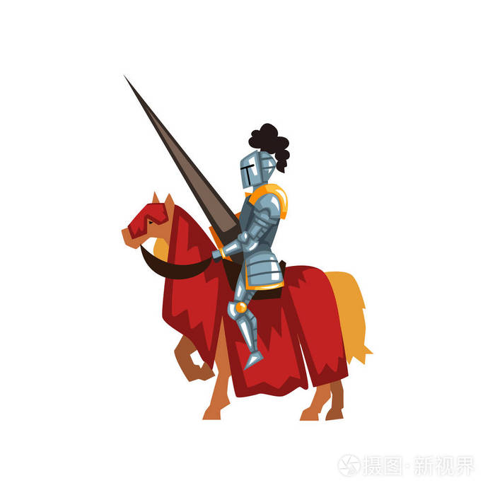 勇猛骑士骑马与长矛在手.皇家卫报闪亮的盔甲.中世纪的体育赛事.
