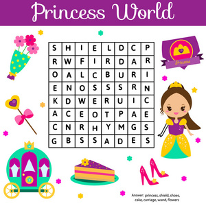 单词搜索拼图儿童活动。 教育儿童游戏为女孩。 学习词汇。 学龄前和蹒跚学步的工作表。 公主世界