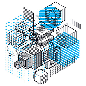 线条和形状抽象矢量等距三维背景。 立方体六边形矩形和不同抽象元素的布局。