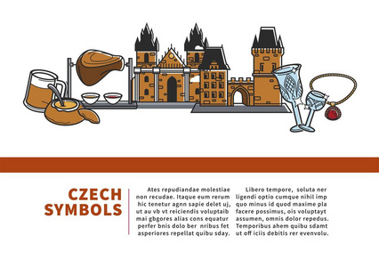 捷克符号信息互联网横幅与样本文本。 哥特式建筑美味的食物，纯啤酒和高质量的水晶卡通平面矢量插图设置在白色背景上。